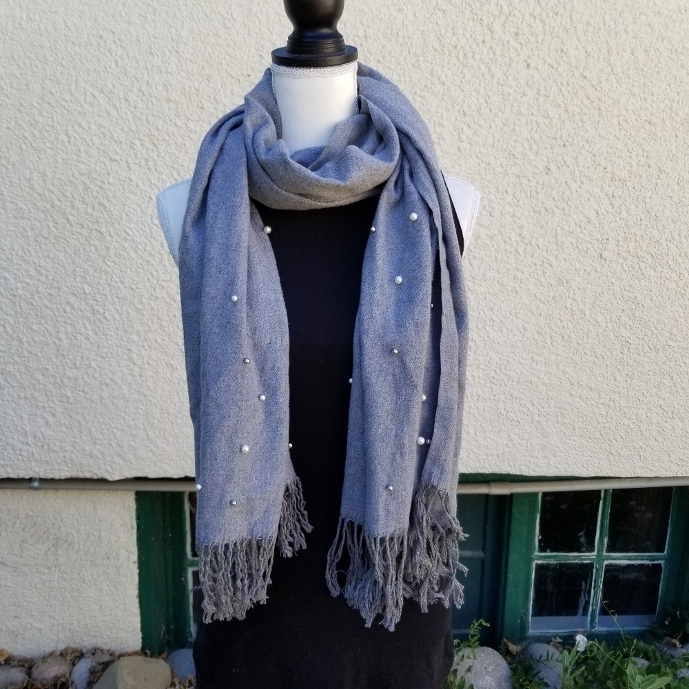 soft gray scarf with silver tone and faux pearl ball beads